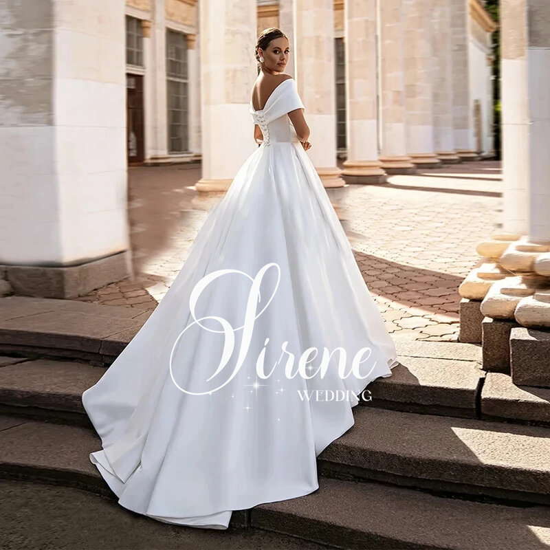 Sirene-Elegante V-Neck Stain Vestidos De Noiva, Branco, Fora Do Ombro, Lace-Up, A-Line Vestido De Noiva, Custom Made, 2024