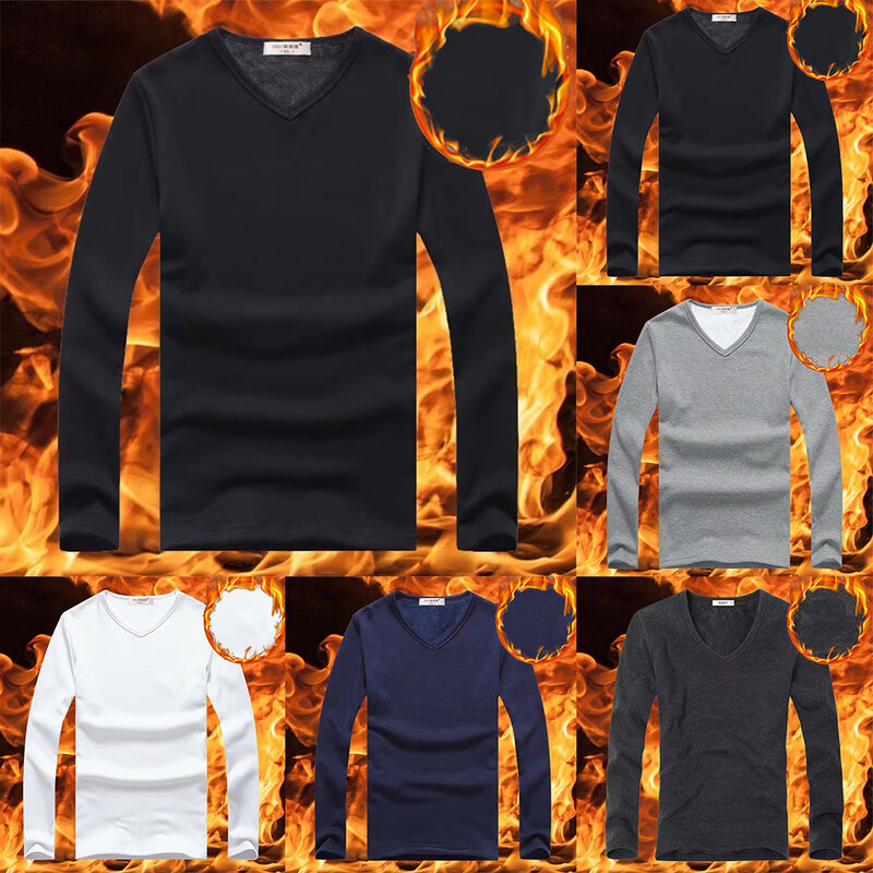 Camiseta térmica de manga comprida slim fit masculina, tops quentes, camiseta grossa, gola V, monocromática, roupas de pelúcia, pulôver