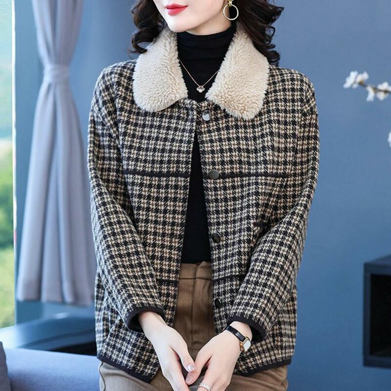 Casaco de lapela de pelúcia feminino, casaco xadrez vintage, jaqueta de peito único com lapela, malha dupla face, quente, outono, inverno