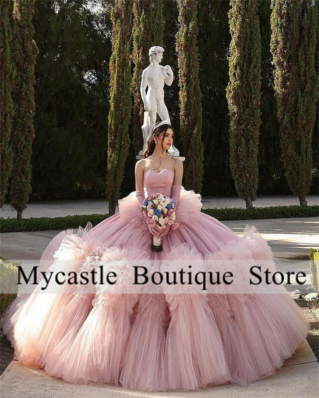 Luxury Pink Ruffle pliss Long Train Quinceanera abiti 2024 Princess Ball Gown Sweet 15 16 Birthday Gown Vestidos De 15 Anos