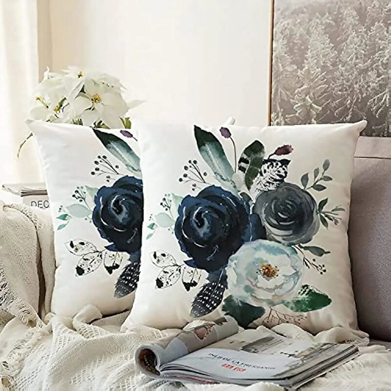 Floral Throw Pillow Covers Farmhouse Decorative Velvet Pillow Covers Navy Watercolor Pillowcase Cushion Covers Set of 2