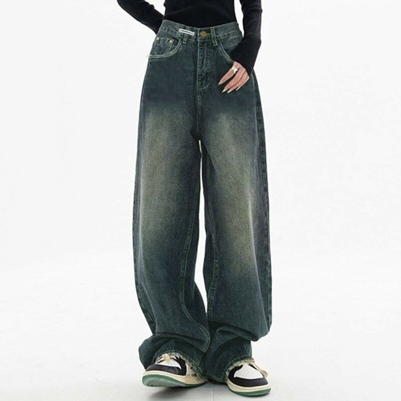 Ladies Vintage Baggy Denim Trousers 2024 New Streetwear Wide Leg Loose Denim Pants Fashion Distressed Straight Pants Streetwear