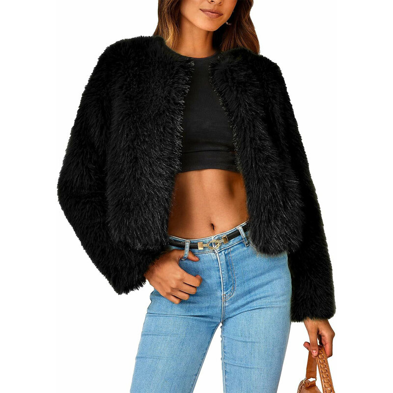 여성용 양털 크롭 인조 모피 재킷, 우아한 긴 소매, 헐렁한 따뜻한 외투, 가을 겨울 코트, 단색 패션