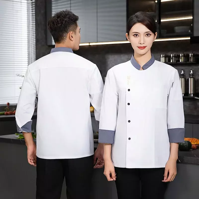 Delantal largo para hombre y mujer, camiseta con logotipo de cocinero, Hotel, restaurante, uniforme de trabajo de Chef, abrigo, chaqueta, manga
