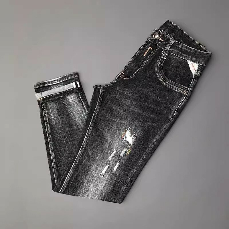Джинсы мужские стрейчевые, рваные классические винтажные брюки из денима, модные дизайнерские узкие джинсы в ретро стиле, Черные Серые