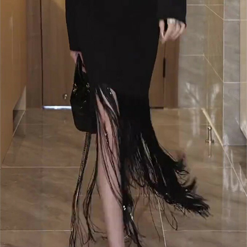 Damen schwarzer Quasten rock neue Mode vielseitige hohe Taille abnehmen elastisch gerade