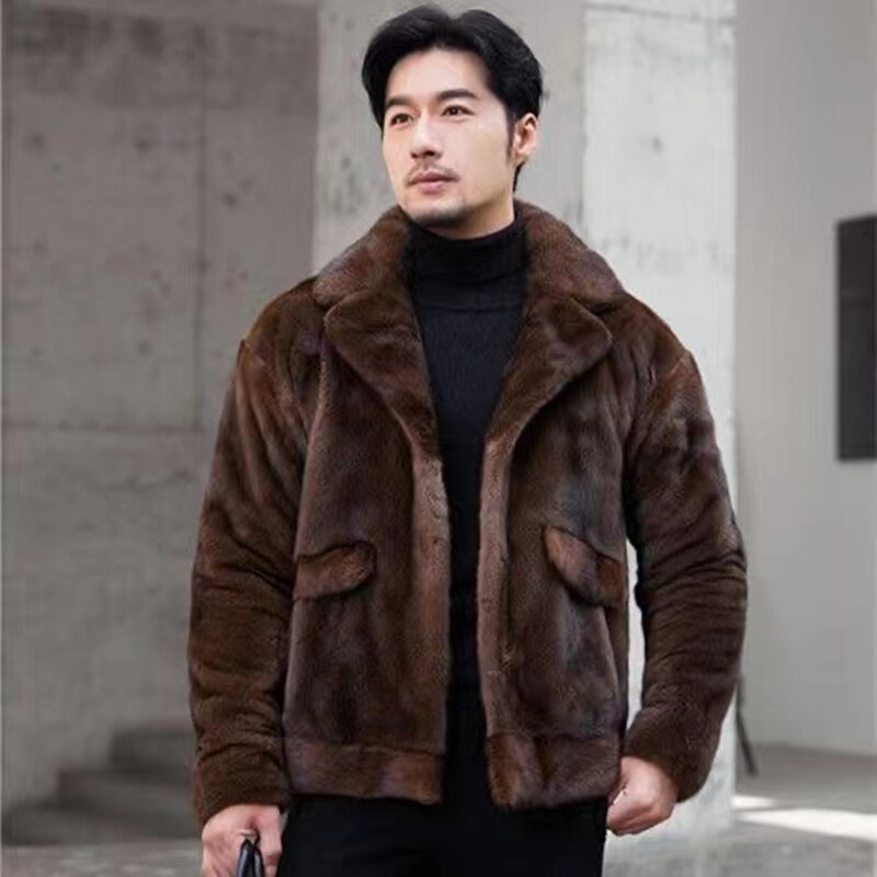 Real Nerz Mantel Winter Männer Luxus Kurze Neue Anzug Kragen Importiert Nerz Jacke 2023 Dunkelbraun Lange Ärmeln kann Angepasst