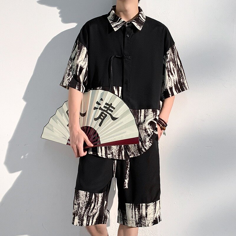 Camisa de lapela de seda gelo estilo tinta chinesa masculina, shorts de manga curta, 2 peças