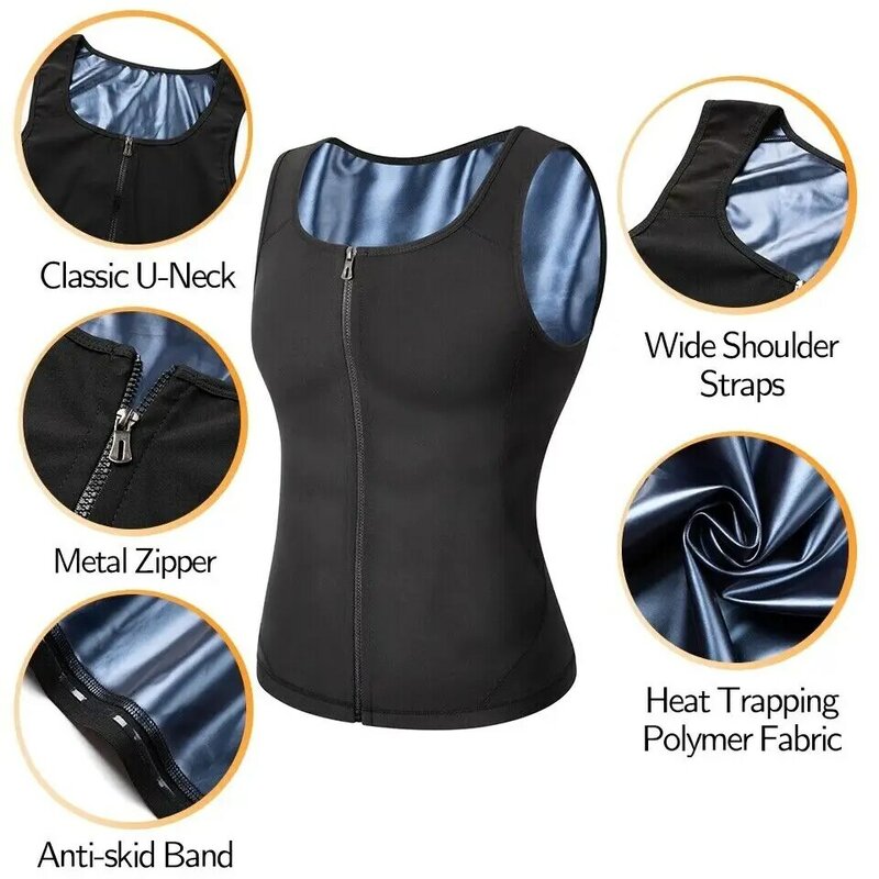 Men Sauna Shaper Vest Thermo Sweat Shapewear Tank Tops Slimming Vest Waist Trainer Gym Fitness Workout Zipper Shirt Fat Burning