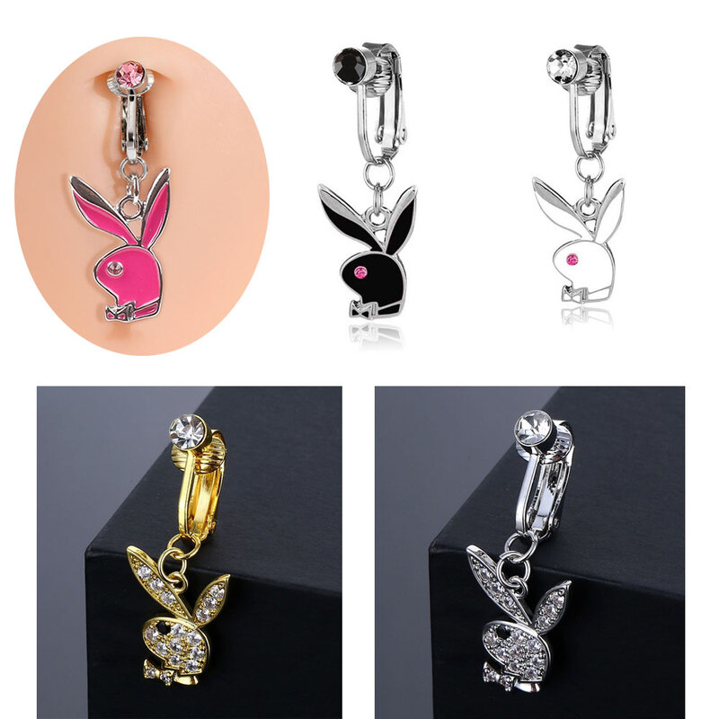 Fake Belly Piercing Jewelry Rabbit Dangle Belly Button Rings for Women Rhinestones Body Jewelry Navel Rings Hot Sale Piercings