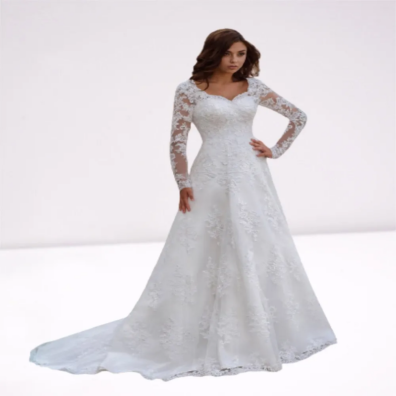 Elegant Aline Wedding Dress V-Neck Long Sleeve Lace Applique Lace up Bridal Gowns Floor Length Court Train Vestidos De Novia