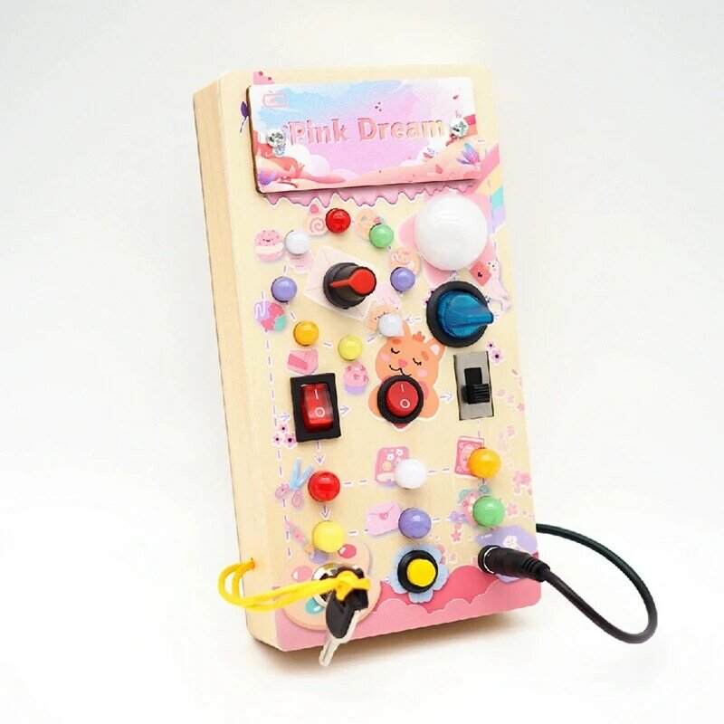 Busy Board, Wooden Busy Board With LED Light Switches, Sensory Toys Light Switch Toys Travel Toys Pink Dream Durable Easy To Use