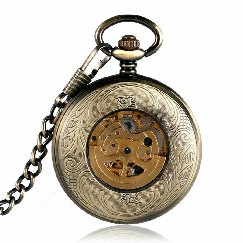 Jam tangan saku mekanis Vintage pria, nada perunggu halus Dial bercahaya jam tangan FOB nomor Romawi hadiah bagus