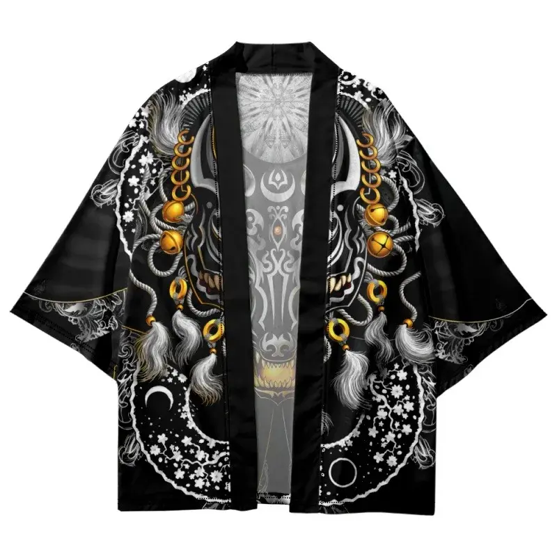 Кимоно мужское/женское с японской лисой и принтом самурая, белый уличный кардиган, Пляжная юката, топ для косплея хаори в стиле Харадзюку, азиатская одежда