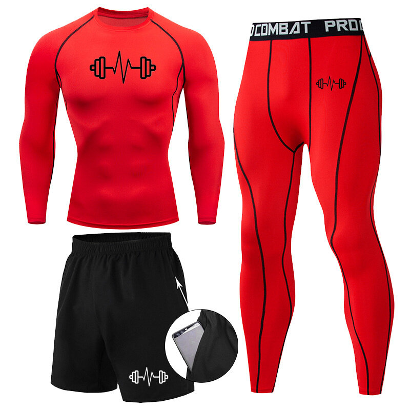 3 Piece Mens Compression Set Running Tights Workout Fitness Training Sportswear Long Sleeves Shirts Sport Suit Rashgard Set Gym