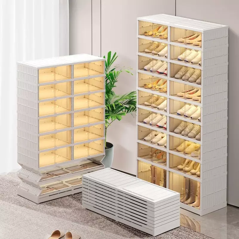 Closet Organization Cabinet, Plastic Shoes Shelf Rack, Easy Assembly Shoe Cabinet with Lids, Foldable Shoe Rack Cabinet,White
