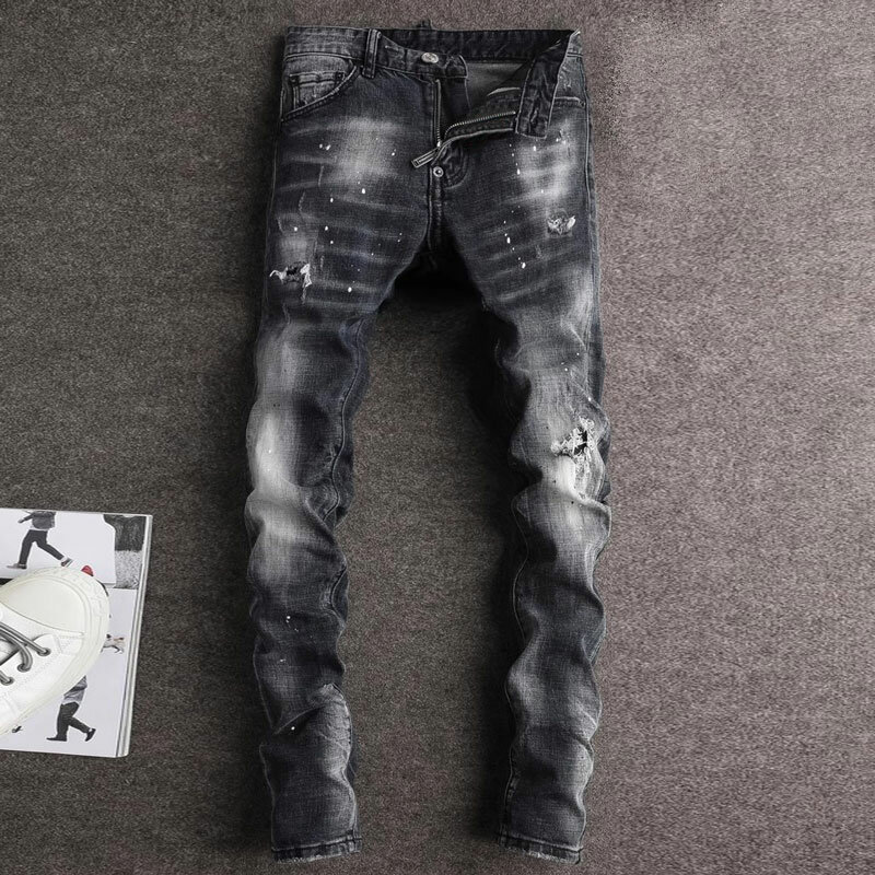 Джинсы мужские стрейчевые, рваные брюки в стиле ретро, модные дизайнерские узкие эластичные рваные джинсы, Черные Серые, в стиле хип-хоп