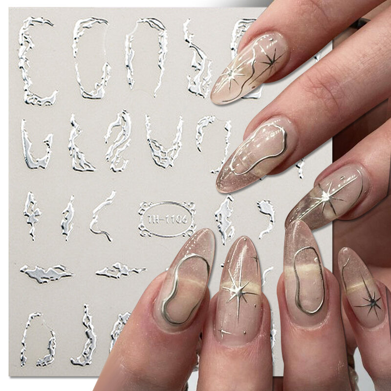3D Silver Frame Nail Sticker Silver Bronzing Stripe Lines Sliders For Nails Tribal Pattern Decals Marble Blooming Nail Tattoos
