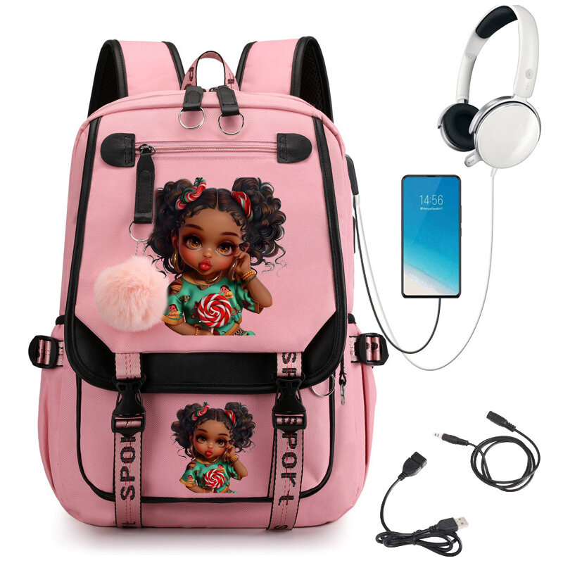 Sac à dos imprimé fille afro, sacs d'école mignons pour étudiants, cartable adolescentes, sac à dos pour ordinateur portable, chargement USB, beau
