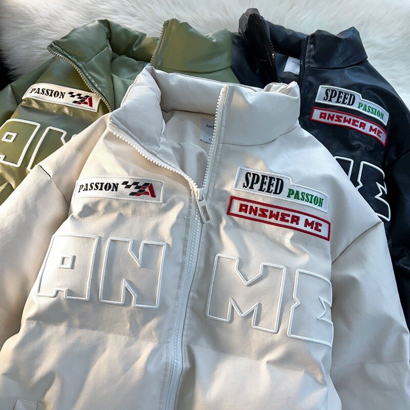 Jaqueta de couro PU para homens e mulheres, roupas acolchoadas em algodão, bordadas com nova letra americana, moda casual motocicleta, Y2K