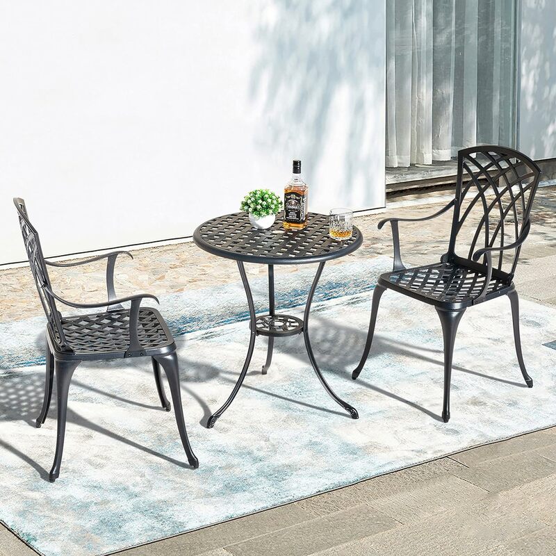 NUU GARDEN Patio Bistro Sets 3 Piece Cast Aluminum Bistro Table and Chairs Set with Umbrella Hole Bistro Set of 2 for Patio Back