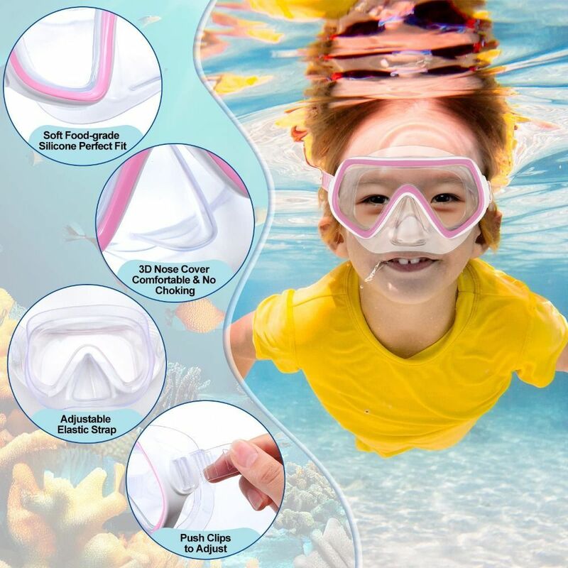 PVC Strap Swim Goggles para crianças, capa de nariz, anti nevoeiro, óculos de natação Snorkel, anti-vazamento, PC Glass, máscara de mergulho infantil para jovens