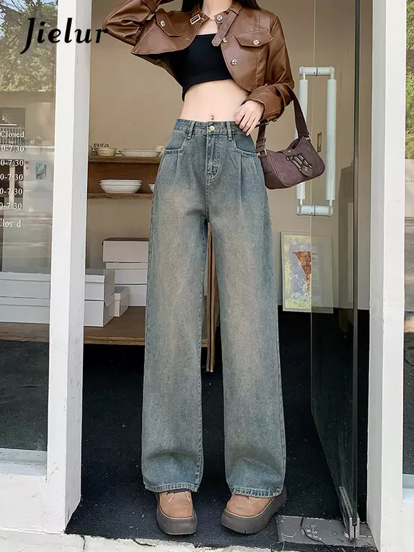Jielur-jeans retrô solto de cintura alta para mulheres, calça justa feminina, básico antigo e simples, estilo americano, novo e na moda
