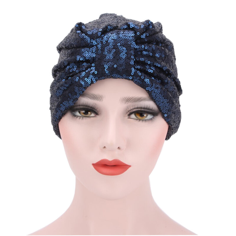 Women's Turban Hats Muslim Stretch Black Burgundy Navy Solid Color Soft Modal Indian Sequins Cap For Women Lace