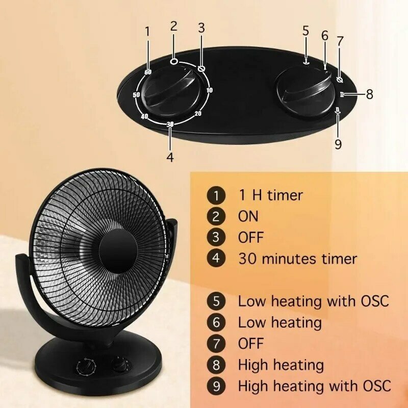HAOYUNMA-Appareil de chauffage parabolique oscillant, avec thermostat et minuterie, chauffe-plat radiant avec basculement et surchauffe