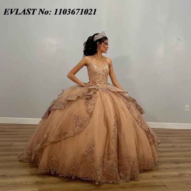 Evlast mexikanischen Champagner Quince anera Kleid Ballkleid Spitze Applikation Perlen abgestuften Korsett süß 16 vestidos de xv 15 Anos sq36