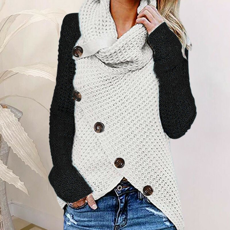Sweter Turtleneck kancing tidak beraturan, sweater lengan panjang kerah Cowl hangat musim dingin y2k model Korea asimetris
