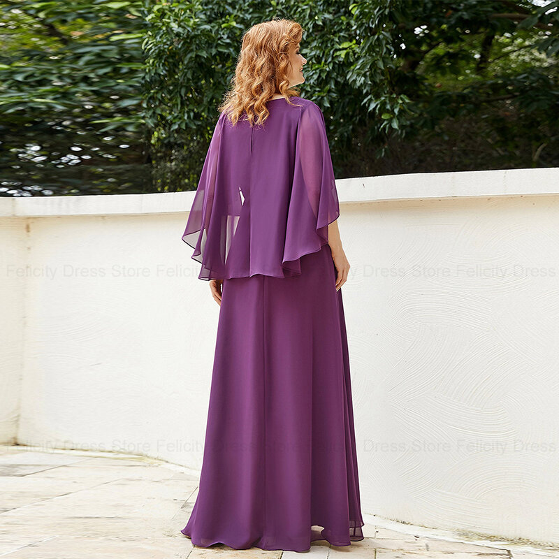 Vestido plisado de gasa con cuentas para madre de la novia, traje elegante púrpura con cuello en V para invitados de boda, 2024