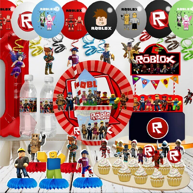 Roblox-vajilla desechable temática para niños, servilleta para fiesta de cumpleaños, etiquetas para botellas de agua, collares, decoraciones para pasteles, suministros para Baby shower