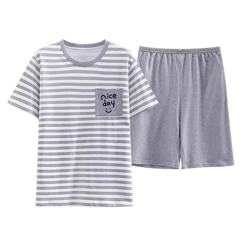 Pijama listrado simples masculino, shorts de manga curta, terno solto, roupa de casa, verão, pode ser usado fora