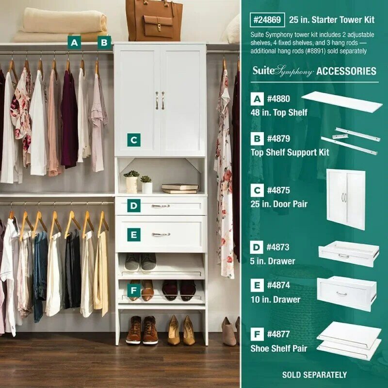 ClosetMaid SuiteSymphony Wood Closet Organizer Starter Kit Tower and 3 Hang Rods, Shelves, Adjustable, Fits Spaces 5 – 10 ft. Wi