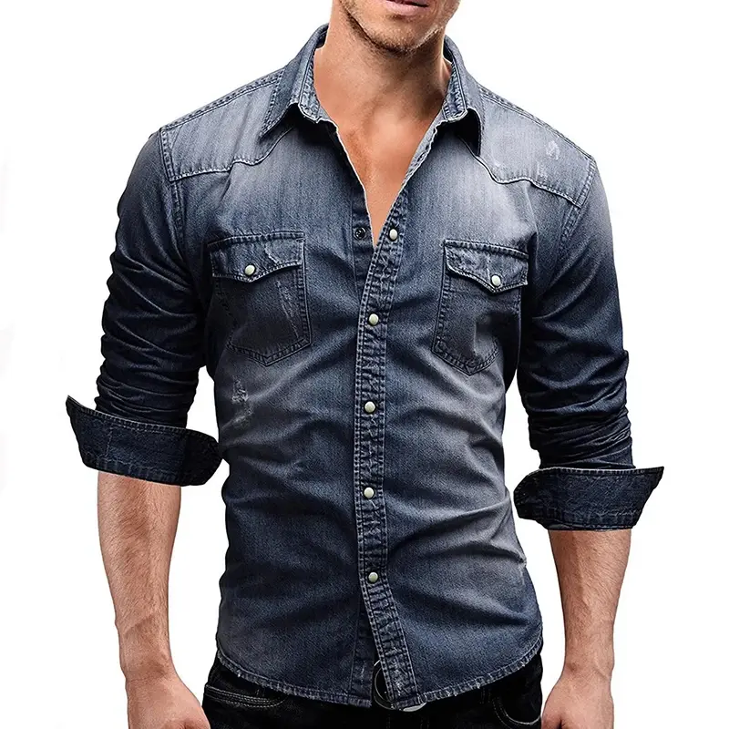 Męska koszula dżinsowa w stylu Vintage z jednolity kolor, długi rękawem klapa Casual szczupła moda zmiękczana bawełna koszula Western kowboj koszula biznesowa topy