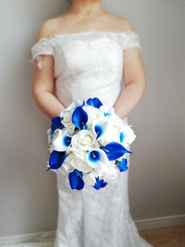 Bouquet de mariée Calla bleu Royal avec roses ivoire, Bouquet de demoiselle d'honneur, accessoires de mariage