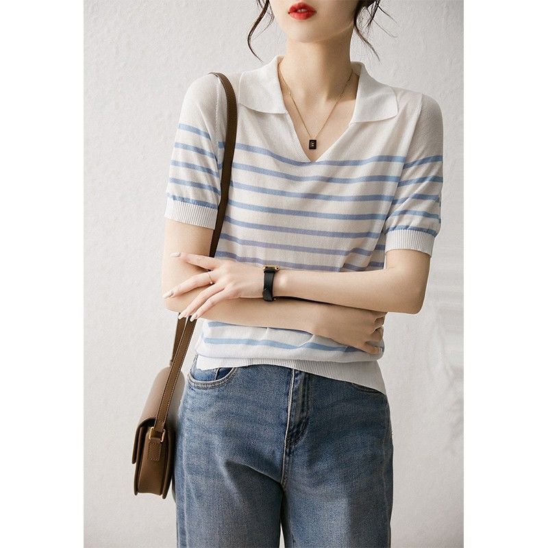 2024 Sommer neue Damen pullover Turn-Down-Kragen Kontrast farbe gestreift elegant schlank Kurzarm T-Shirt Tops