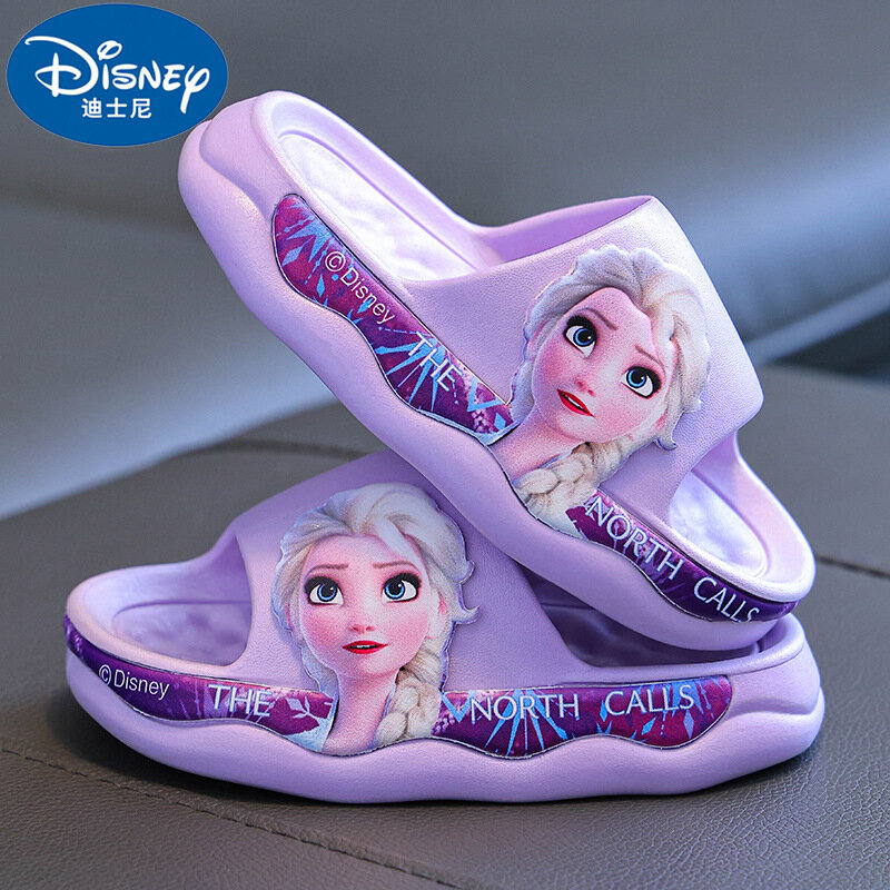 Sandálias de banho antiderrapantes dos desenhos animados da Disney para crianças, sola macia, Elsa Princess, chinelos bonitos, congelados, verão