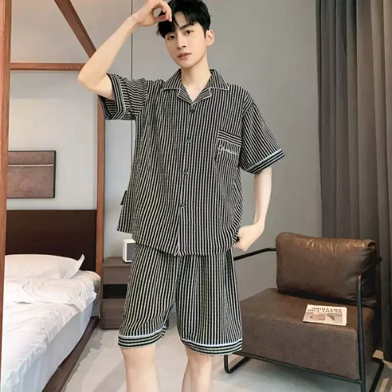 Pigiama a maniche corte pigiama giapponese pantaloncini pigiama servizio cotone sottile 2023 Hombre Summer Home Plaid Pantalon Suit uomo