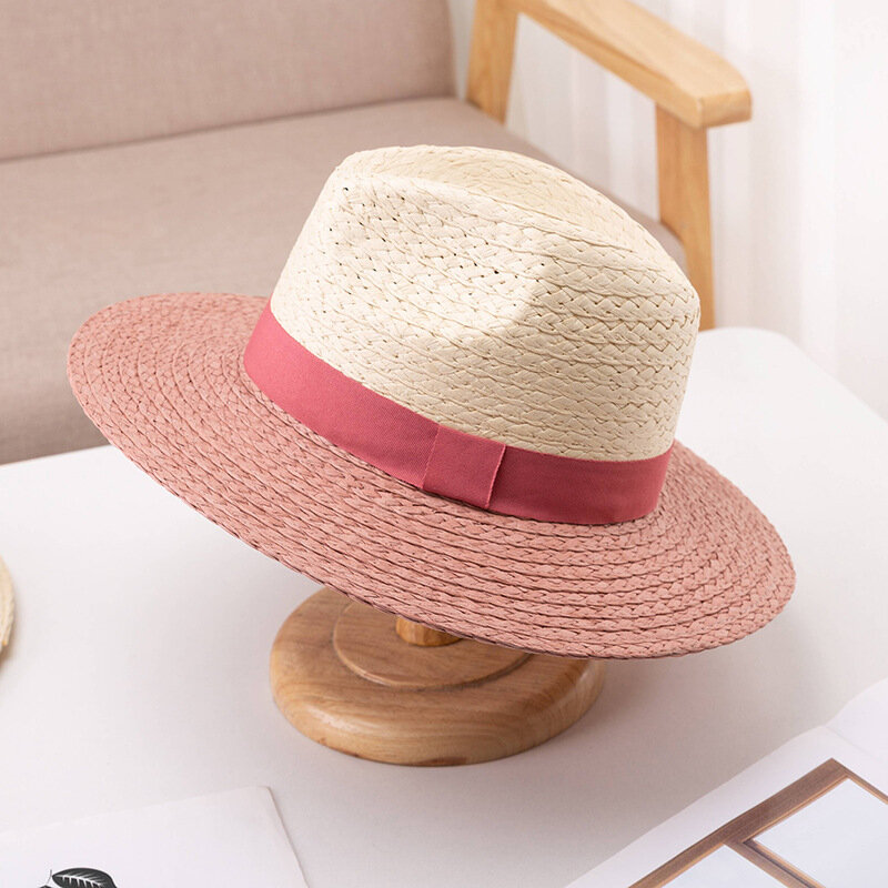 หมวกฟางกันแดดสไตล์แจ๊สแบบเรียบง่ายสำหรับฤดูร้อนหมวกฟางทรง Fedora สำหรับผู้หญิงการท่องเที่ยวชายหาด