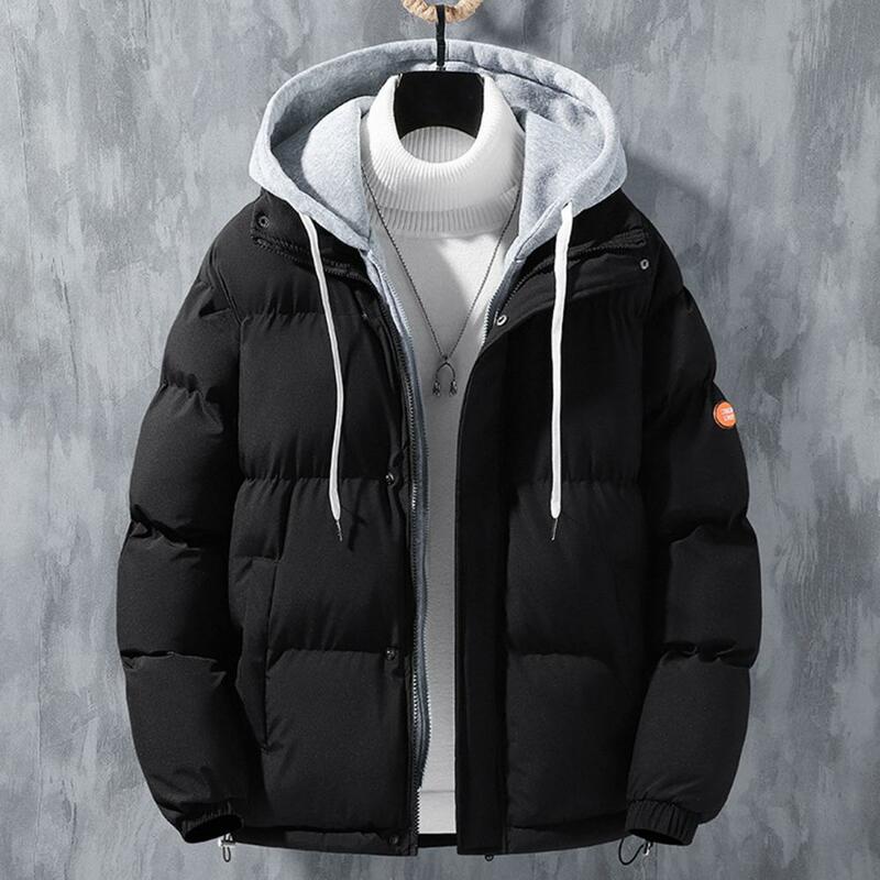 Men Fake Two-piece Design Coat Men's Hooded Winter Coat with Zipper Placket Pockets Windproof Thickened Cotton for Autumn