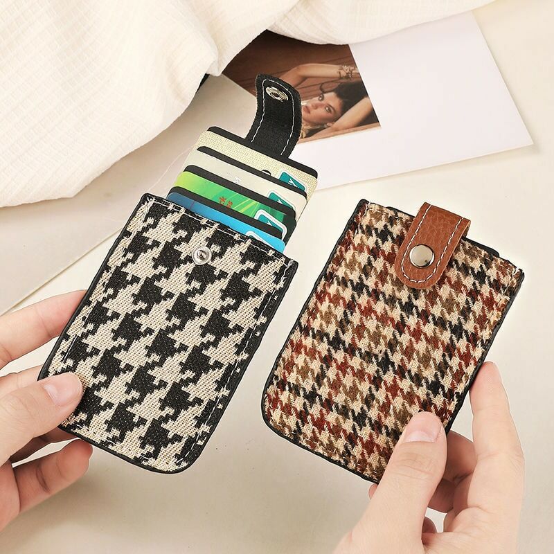 Women Houndstooth Card Holder Ultra-thin Mini Pull-out Card Case Business Card Wallet Coin Purse ID Card Pouch