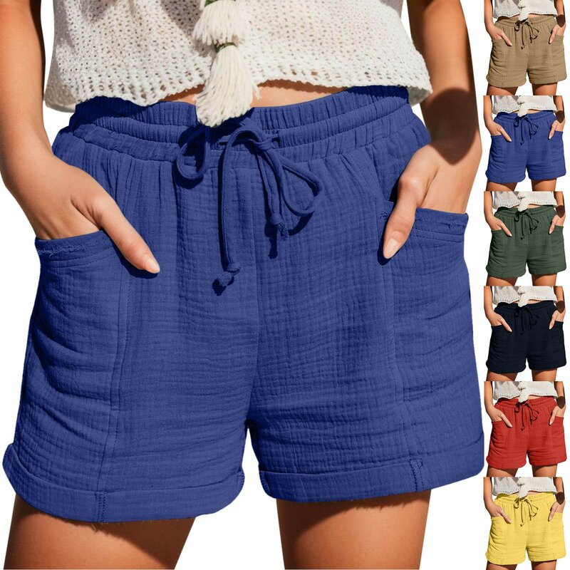 Pantalones cortos de lino y algodón para mujer, Shorts informales versátiles de color sólido con cordón, cintura elástica, holgados, cómodos, Deportivos
