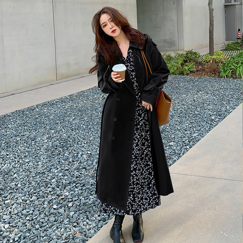 Gabardina holgada hasta la rodilla para mujer, abrigo cortavientos coreano elegante de color caqui y negro, Tops informales de doble botonadura