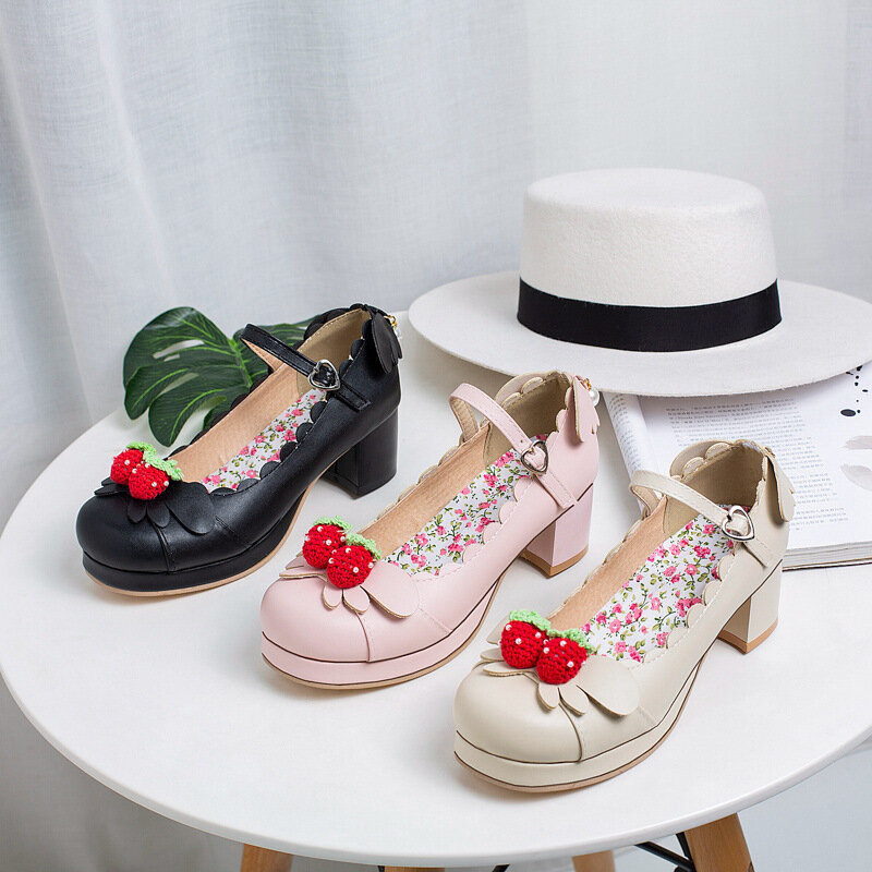 Zapatos de plataforma Mary Jane Lolita para mujer, tacones altos con lazo de fresa, princesa japonesa, Cosplay, zapatos de fiesta de boda, 30-43