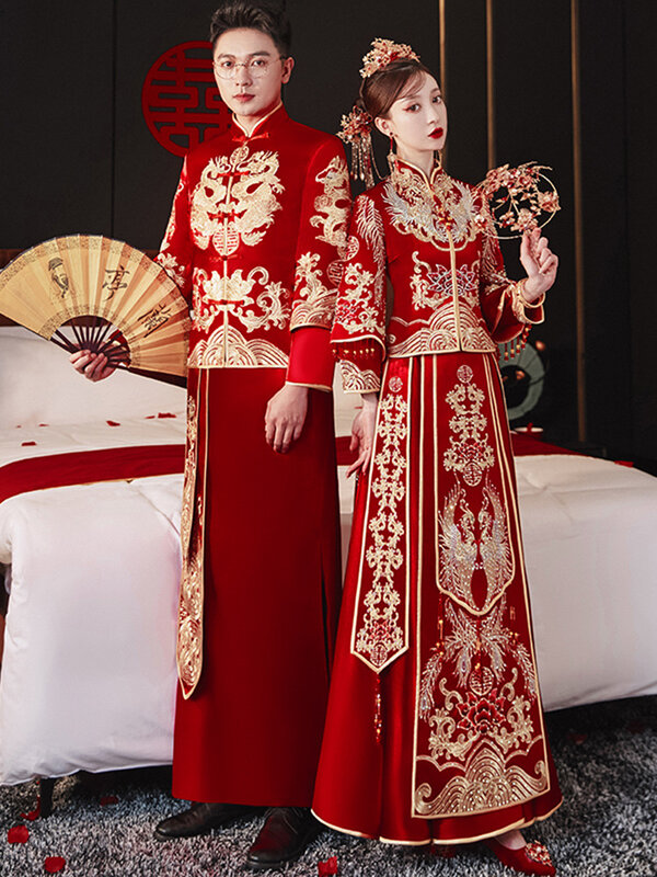 Kobiety feniks suknia ślubna z haftem eleganckie małżeństwo odzież bankietowa Cheongsam