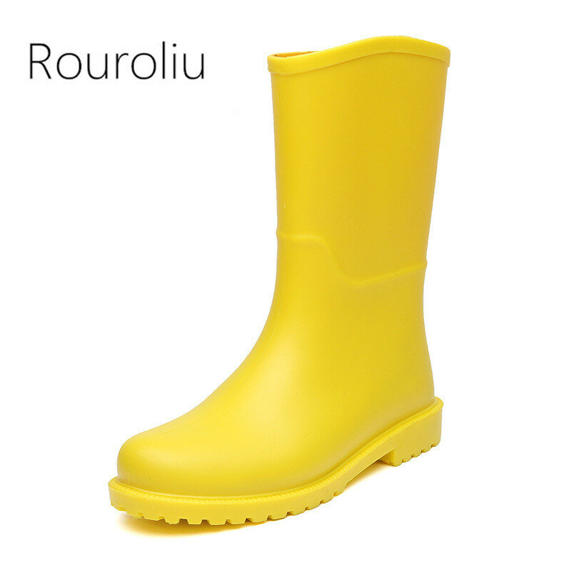 Women Solid Color Mid-Calf Rain Boots Outdoor Non-slip Waterproof Work Shoes Female Platform PVC Water Boots