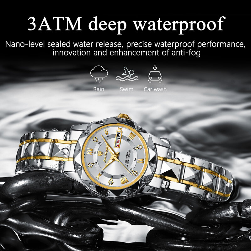 Poedagar นาฬิกาควอทซ์สุดหรูสำหรับกันน้ำสำหรับสุภาพสตรีนาฬิกาสเตนเลสสตีลเรืองแสงพร้อมกล่องใส่