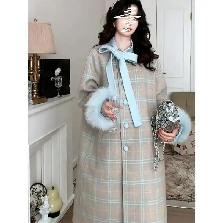 Mantel wol Korea wanita Kawaii longgar manis jaket panjang kisi bulu mantel mode hangat pakaian luar musim dingin